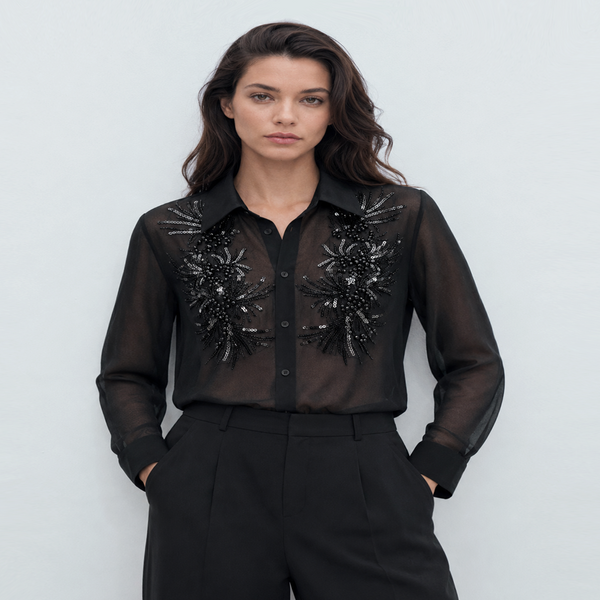 Collared Chiffon Blouse with Long Sleeves and Relaxed Fit