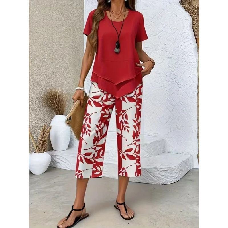 Womens Leaf Print Two Piece Set, Casual Short Sleeve Asymmetric Top and Wide Leg Pants Outfits, Elegant Summer Matching Suit