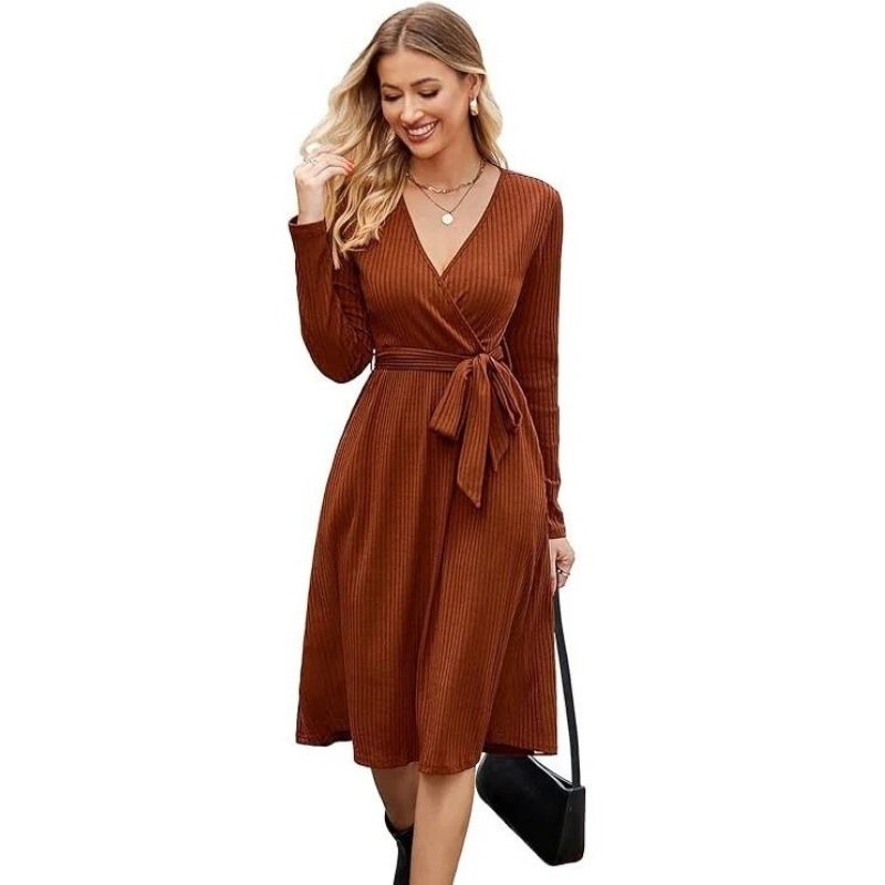 Women’s Fall Knit Midi Sweater Dress with Belt and Pockets