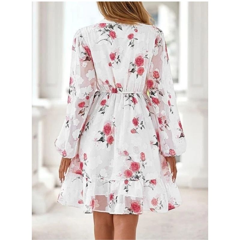 Womens Floral V-Neck Mini Dress - Long Sleeve Boho Flowy Dress