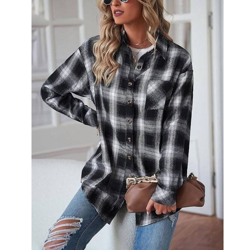 Oversized Flannel Shirt for Women, Long Sleeve Plaid Button Down Buffalo Shirt Blouse Top with One Pocket