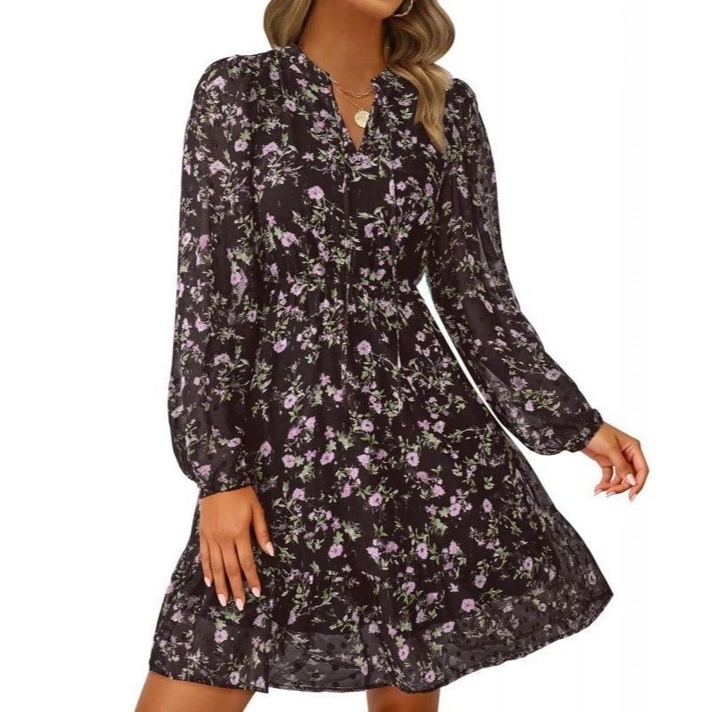 Womens Floral V-Neck Mini Dress - Long Sleeve Boho Flowy Dress