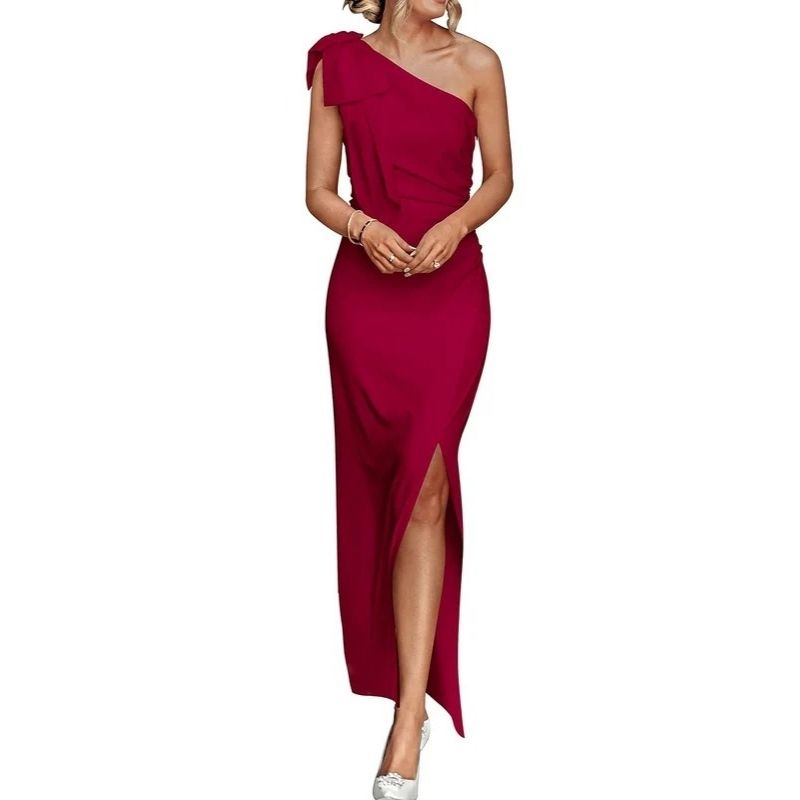 Womens One Shoulder Maxi Dress, Ruched Bodycon Wedding Guest and Formal Dress