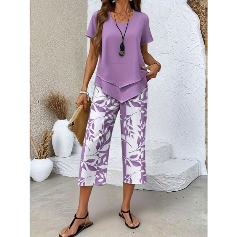 Womens Leaf Print Two Piece Set, Casual Short Sleeve Asymmetric Top and Wide Leg Pants Outfits, Elegant Summer Matching Suit