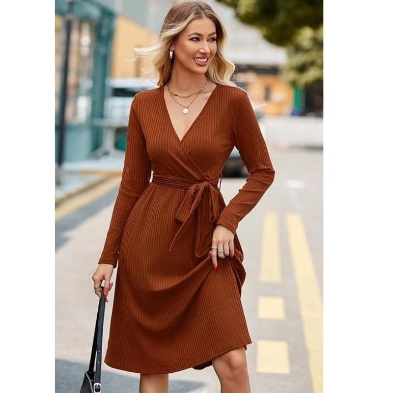 Women’s Fall Knit Midi Sweater Dress with Belt and Pockets