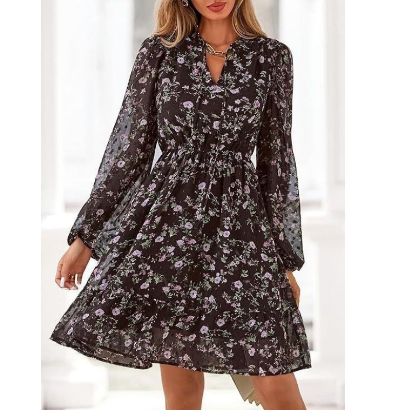 Womens Floral V-Neck Mini Dress - Long Sleeve Boho Flowy Dress