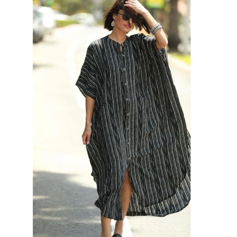 Moomoo Dresses for Women, Plus Size Ethnic Print Kaftan Dress, Mrs Roper Bubu Mumu Boho V Neck 3 Quarter Sleeve Tunic