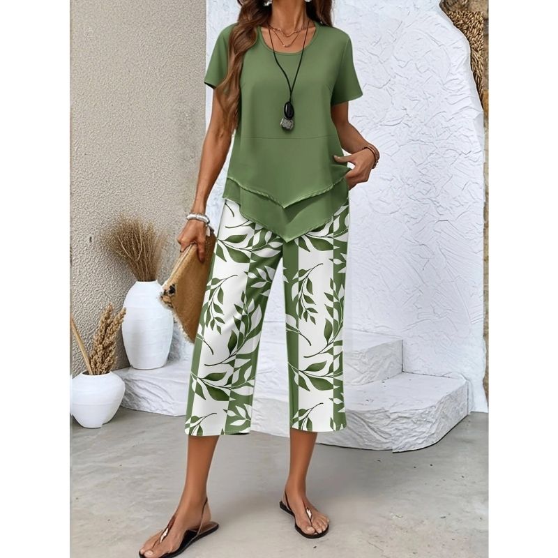 Womens Leaf Print Two Piece Set, Casual Short Sleeve Asymmetric Top and Wide Leg Pants Outfits, Elegant Summer Matching Suit