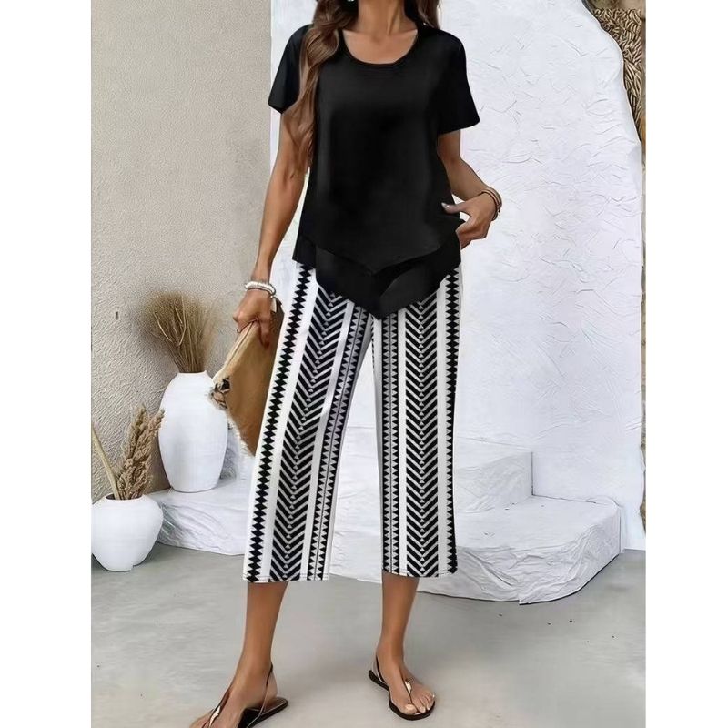 Womens Leaf Print Two Piece Set, Casual Short Sleeve Asymmetric Top and Wide Leg Pants Outfits, Elegant Summer Matching Suit