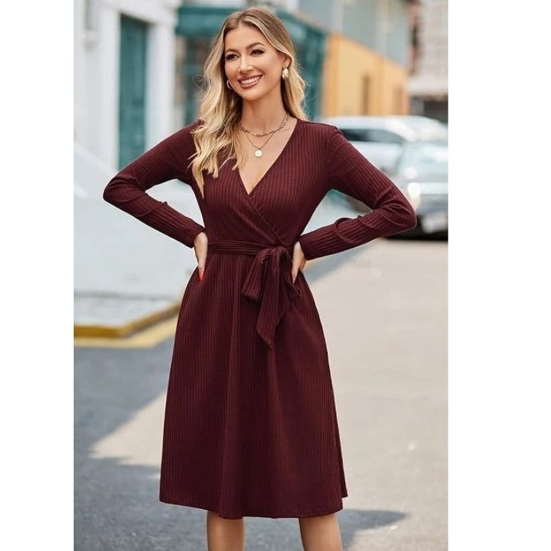 Women’s Fall Knit Midi Sweater Dress with Belt and Pockets