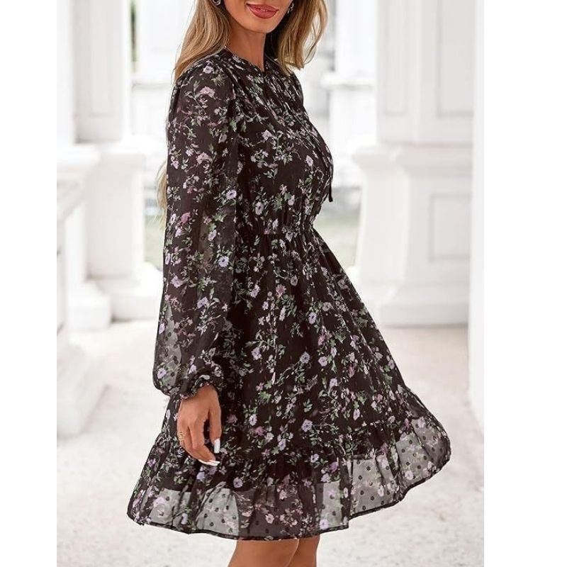 Womens Floral V-Neck Mini Dress - Long Sleeve Boho Flowy Dress