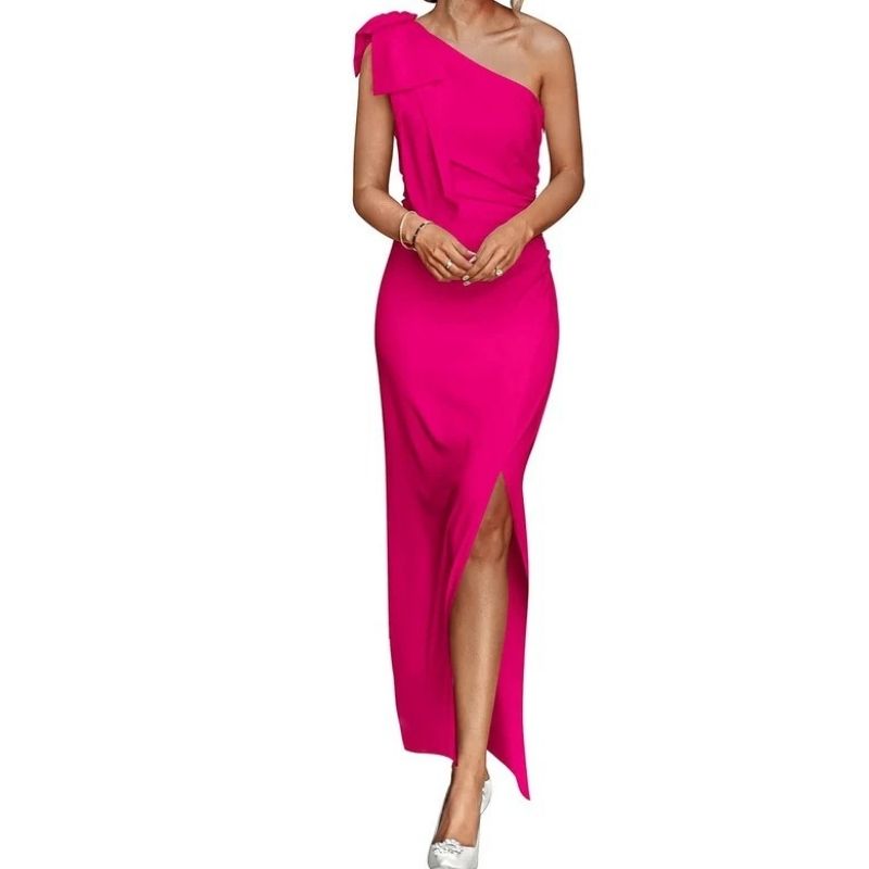 Womens One Shoulder Maxi Dress, Ruched Bodycon Wedding Guest and Formal Dress