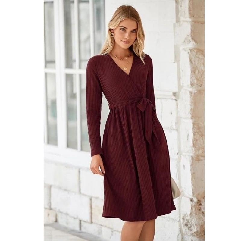 Women’s Fall Knit Midi Sweater Dress with Belt and Pockets