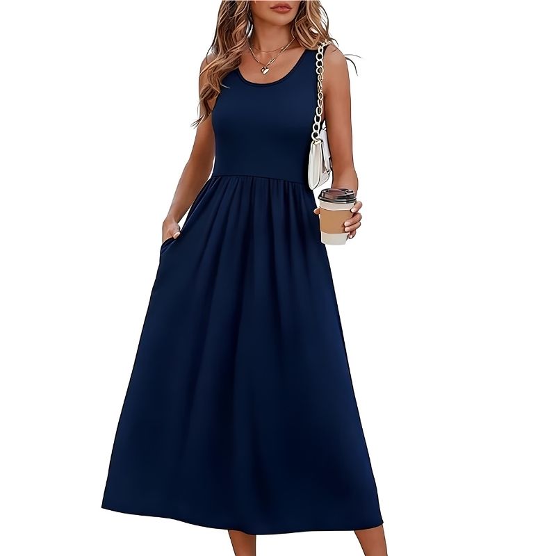 Womens Flowy Midi Dress, Casual Beach Vacation Sundress with Pockets