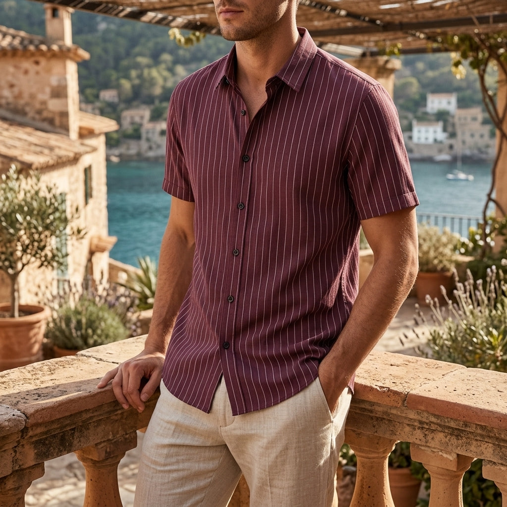 Striped Cotton Blend Dress Shirt with Modern Slim Fit and Button Cuffs