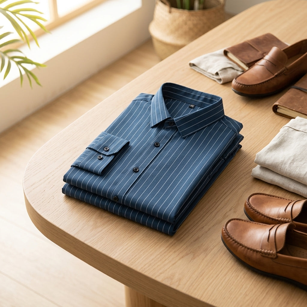 Striped Cotton Blend Dress Shirt with Modern Slim Fit and Button Cuffs