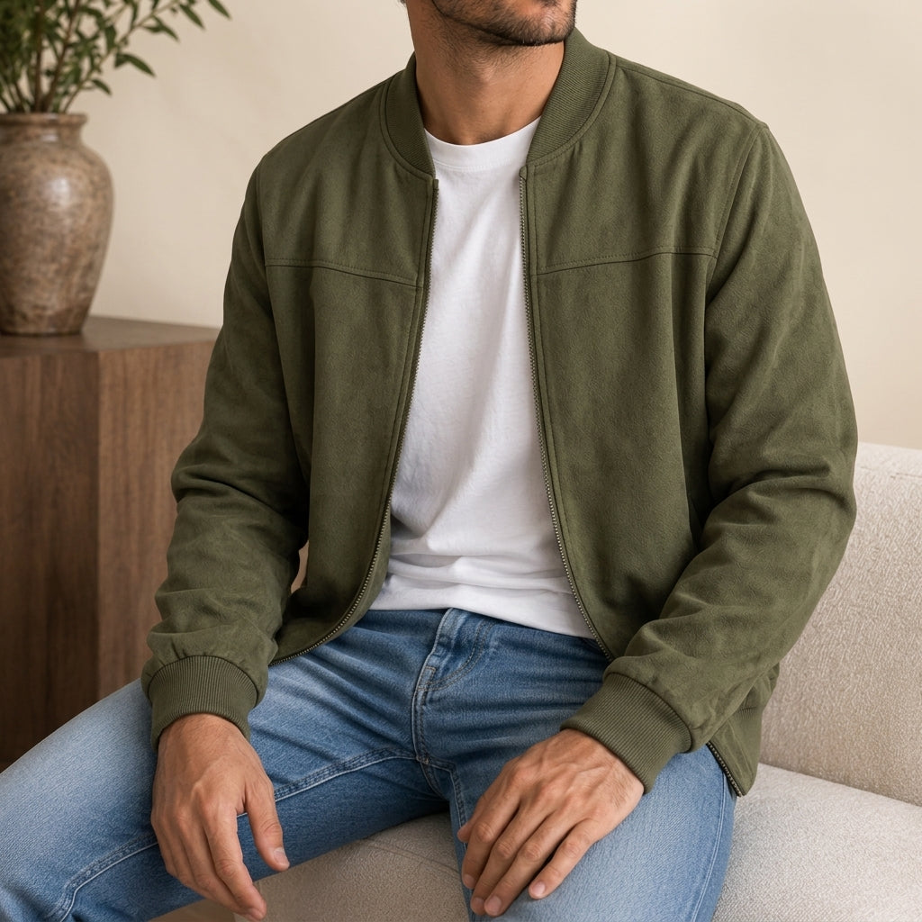 Polyester Blend Bomber Jacket with Ribbed Cuffs and Structured Silhouette