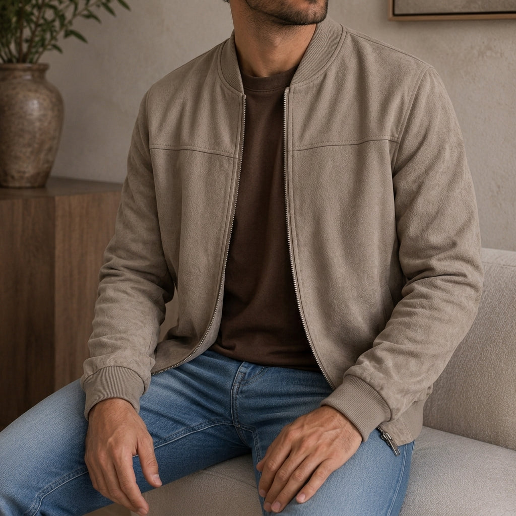 Polyester Blend Bomber Jacket with Ribbed Cuffs and Structured Silhouette