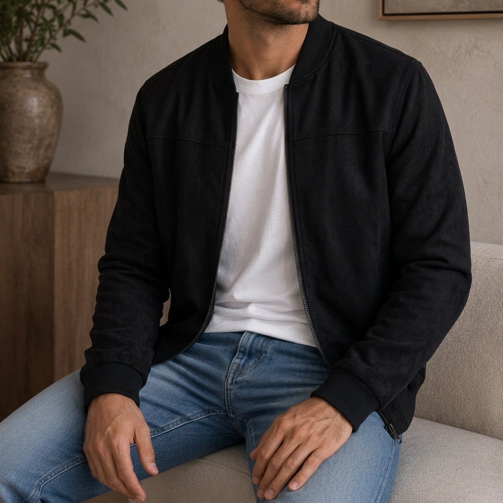 Polyester Blend Bomber Jacket with Ribbed Cuffs and Structured Silhouette