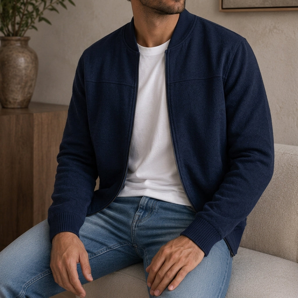 Polyester Blend Bomber Jacket with Ribbed Cuffs and Structured Silhouette