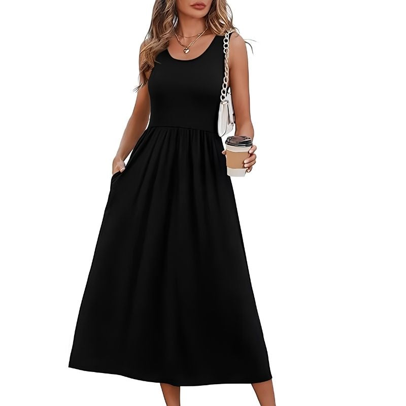 Womens Flowy Midi Dress, Casual Beach Vacation Sundress with Pockets