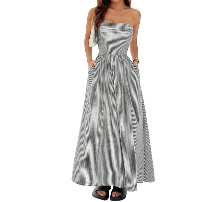 Womens Striped Strapless Maxi Dress, Casual Tube Top Summer Dress with Pockets