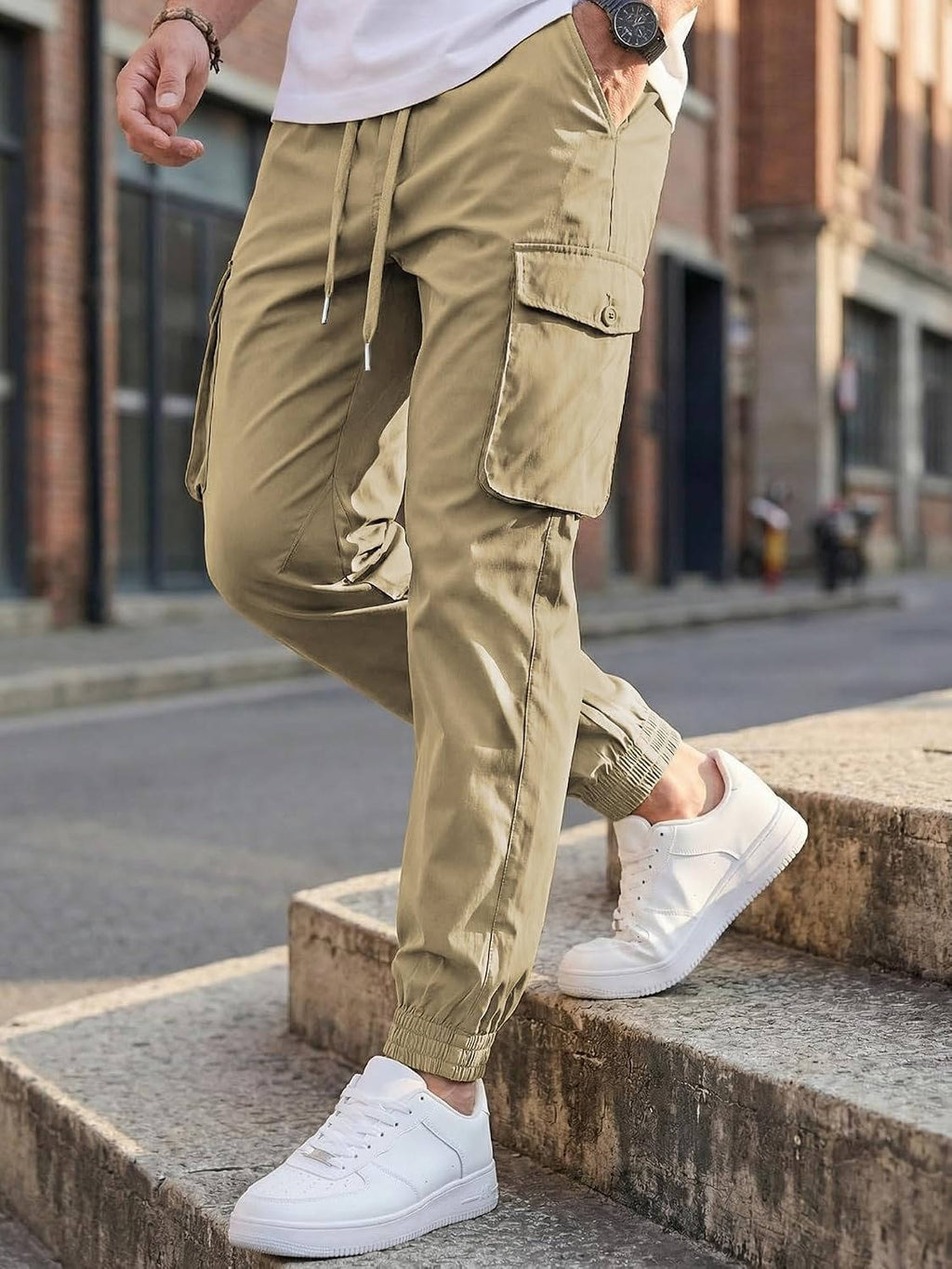 Mens Casual Cargo Jogger Pants, Stretch Elastic Waist Drawstring Tapered Sweatpants with Pockets