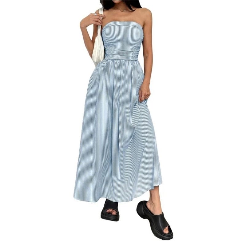 Womens Striped Strapless Maxi Dress, Casual Tube Top Summer Dress with Pockets