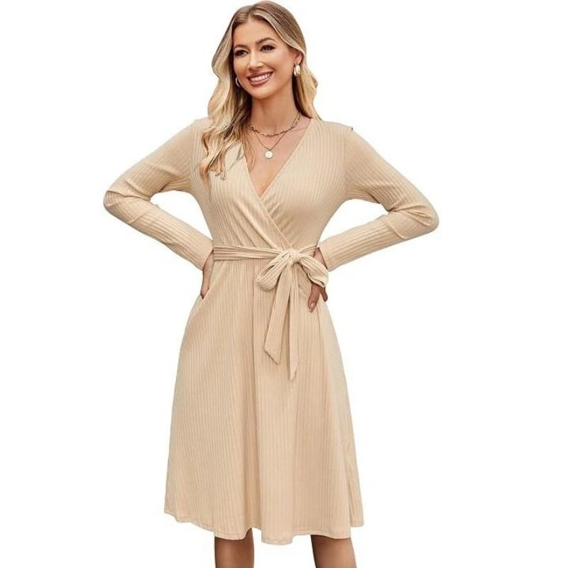 Women’s Fall Knit Midi Sweater Dress with Belt and Pockets
