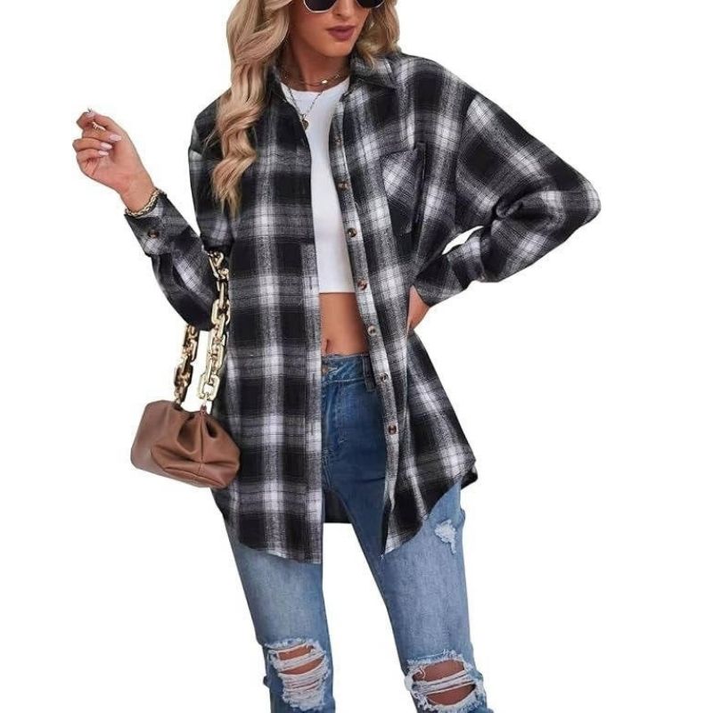 Oversized Flannel Shirt for Women, Long Sleeve Plaid Button Down Buffalo Shirt Blouse Top with One Pocket