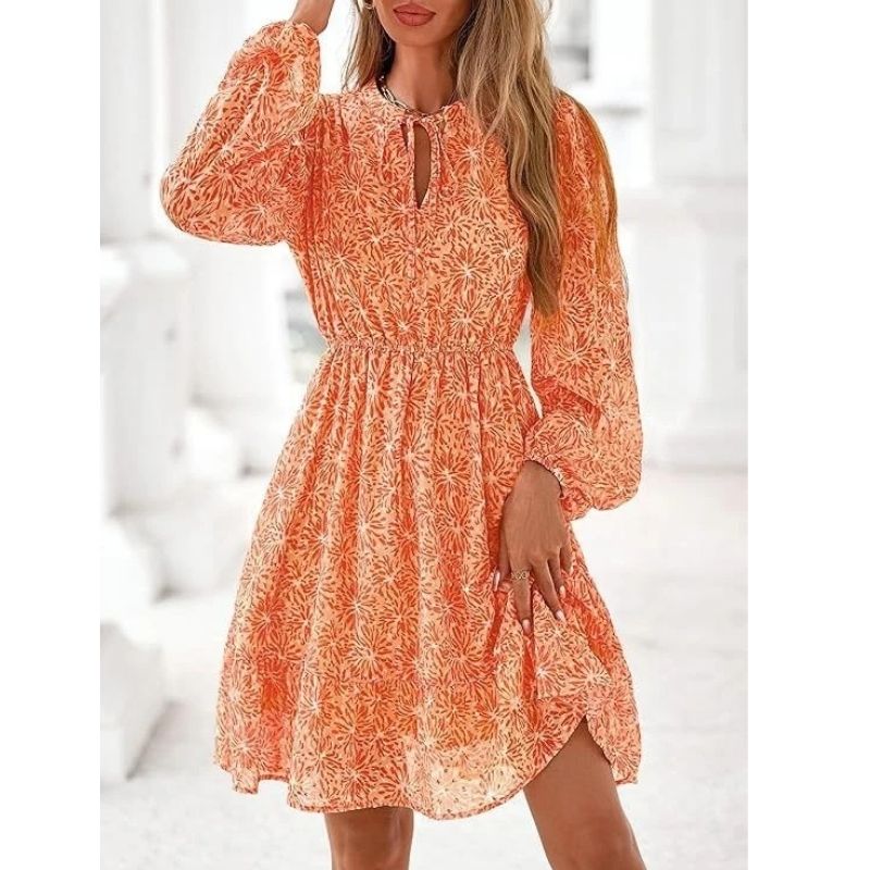 Womens Floral V-Neck Mini Dress - Long Sleeve Boho Flowy Dress