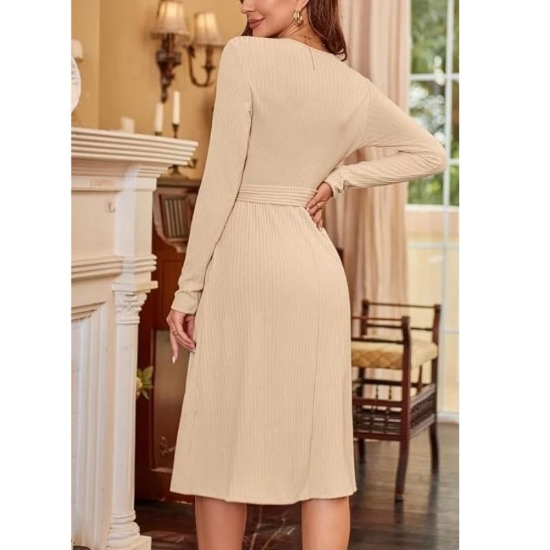 Women’s Fall Knit Midi Sweater Dress with Belt and Pockets