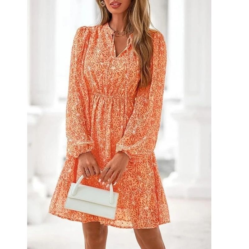 Womens Floral V-Neck Mini Dress - Long Sleeve Boho Flowy Dress