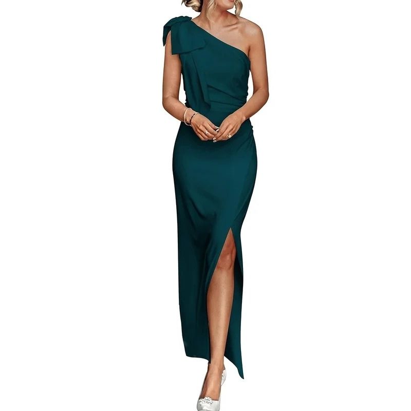 Womens One Shoulder Maxi Dress, Ruched Bodycon Wedding Guest and Formal Dress