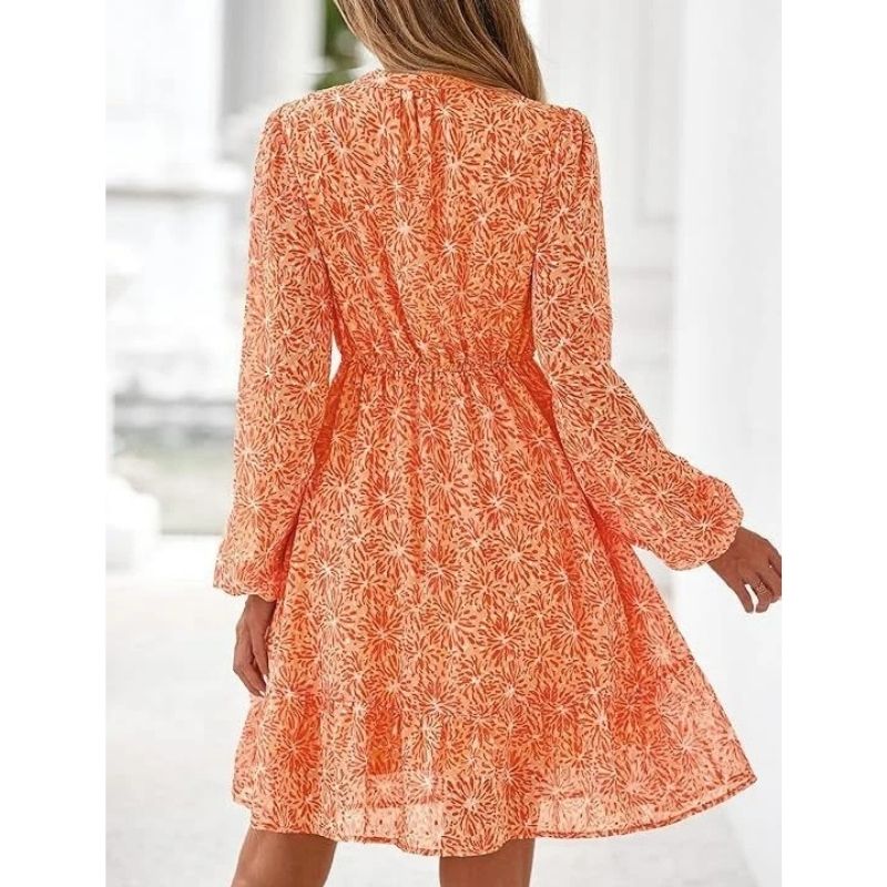 Womens Floral V-Neck Mini Dress - Long Sleeve Boho Flowy Dress