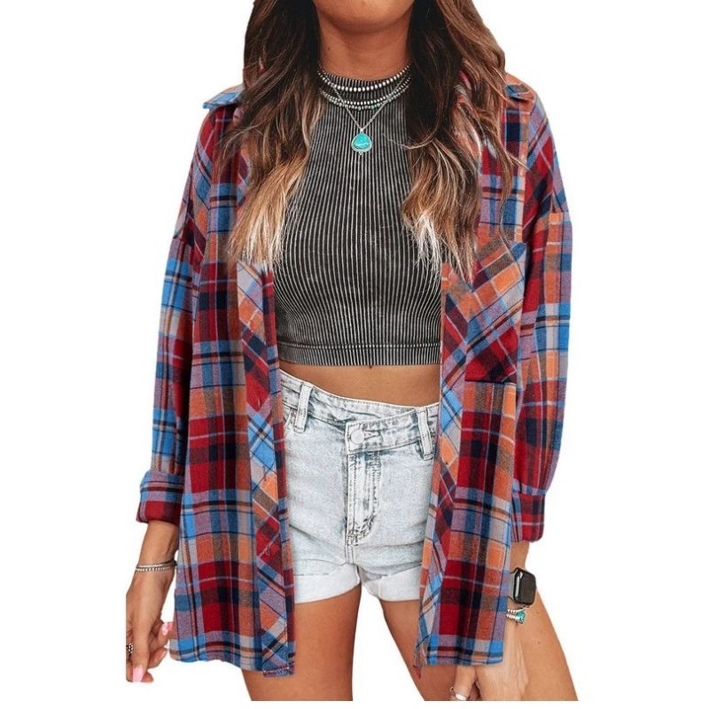 Plaid Flannel Shirts for Women, Buffalo Plaid Oversized Long Sleeve Casual Button Down Blouse Top