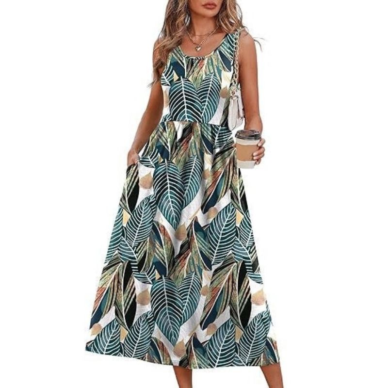 Womens Flowy Midi Dress, Casual Beach Vacation Sundress with Pockets