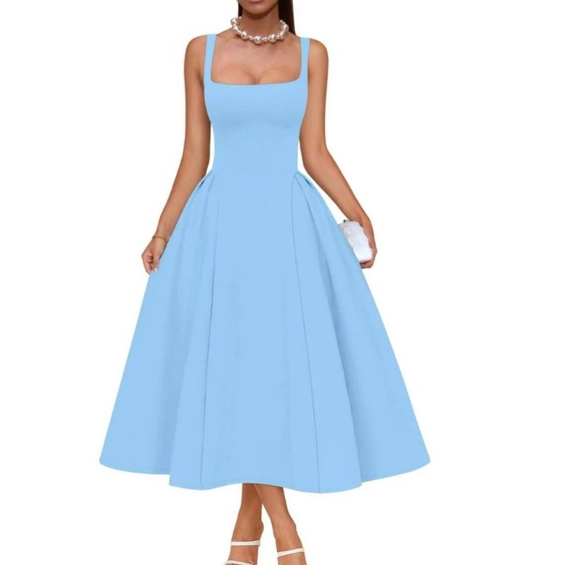 Womens Square Neck A Line Midi Dress, Elegant Wedding Guest and Evening Party Dress