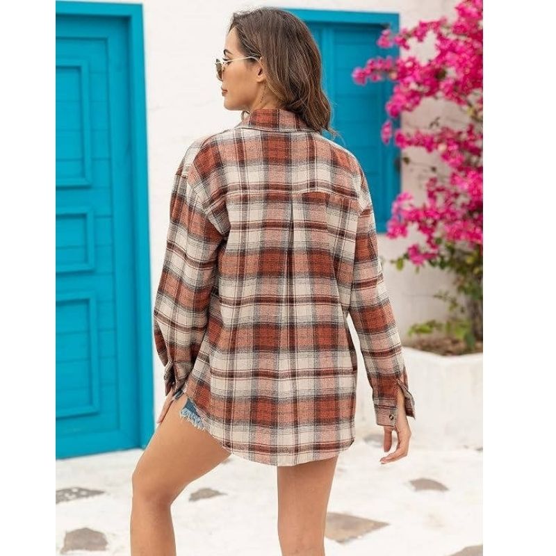 Oversized Flannel Shirt for Women, Long Sleeve Plaid Button Down Buffalo Shirt Blouse Top with One Pocket