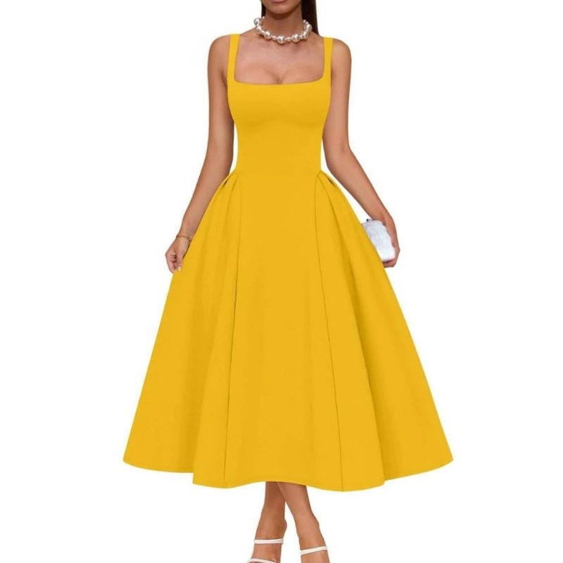 Womens Square Neck A Line Midi Dress, Elegant Wedding Guest and Evening Party Dress