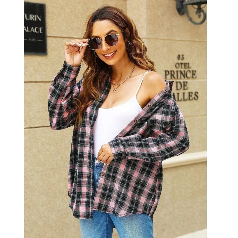 Oversized Flannel Shirt for Women, Long Sleeve Plaid Button Down Buffalo Shirt Blouse Top with One Pocket