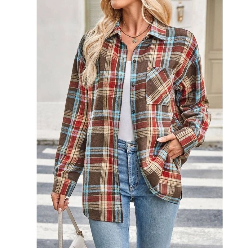 Plaid Flannel Shirts for Women, Buffalo Plaid Oversized Long Sleeve Casual Button Down Blouse Top