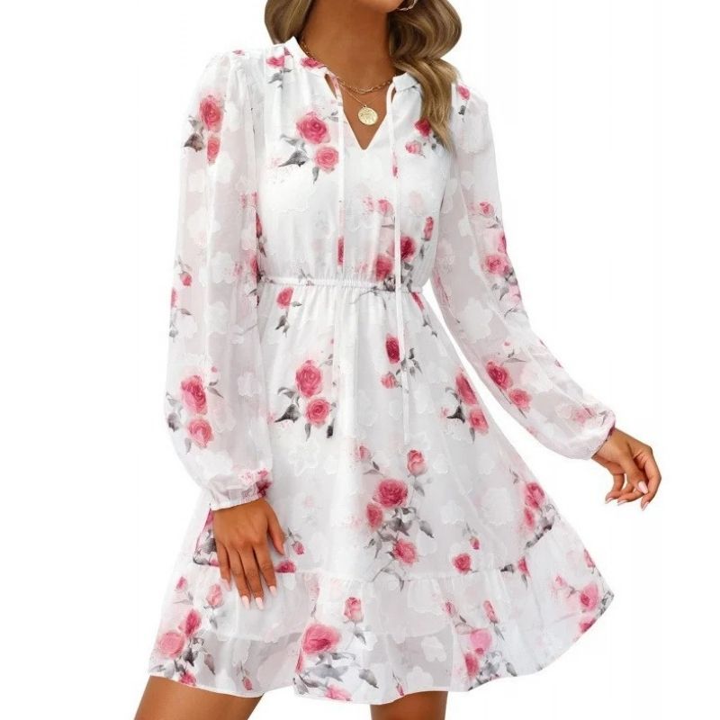 Womens Floral V-Neck Mini Dress - Long Sleeve Boho Flowy Dress