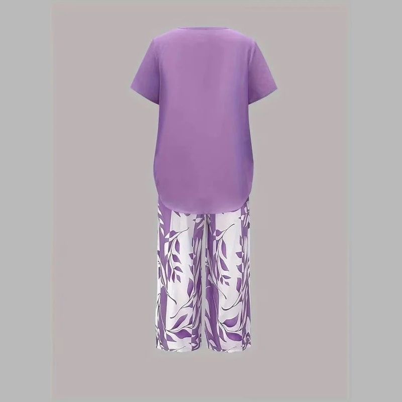 Womens Leaf Print Two Piece Set, Casual Short Sleeve Asymmetric Top and Wide Leg Pants Outfits, Elegant Summer Matching Suit