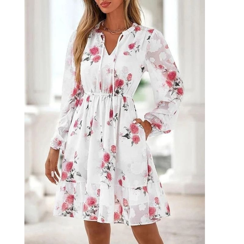 Womens Floral V-Neck Mini Dress - Long Sleeve Boho Flowy Dress