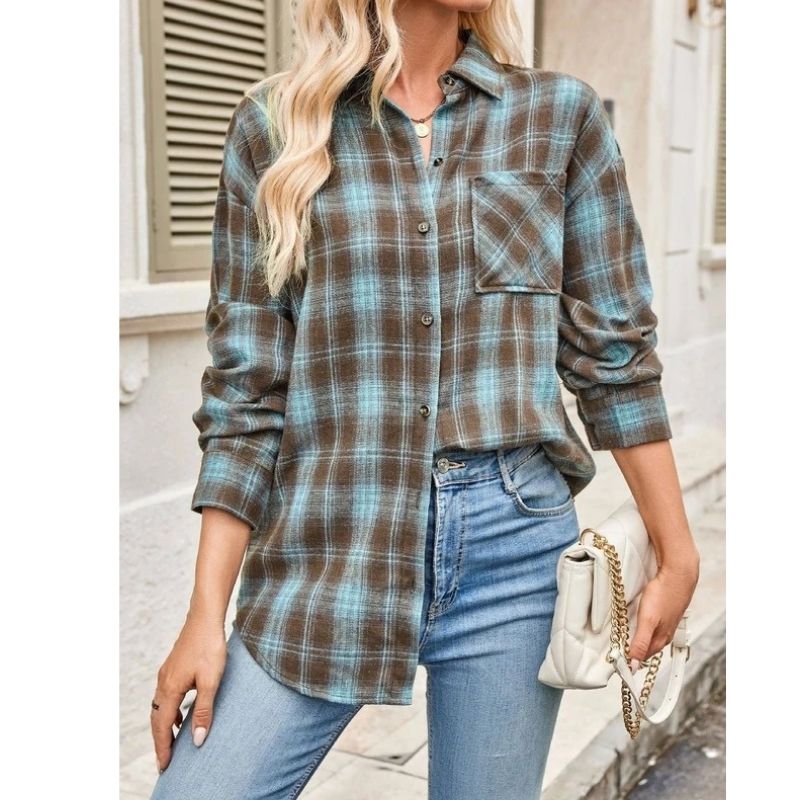 Plaid Flannel Shirts for Women, Buffalo Plaid Oversized Long Sleeve Casual Button Down Blouse Top