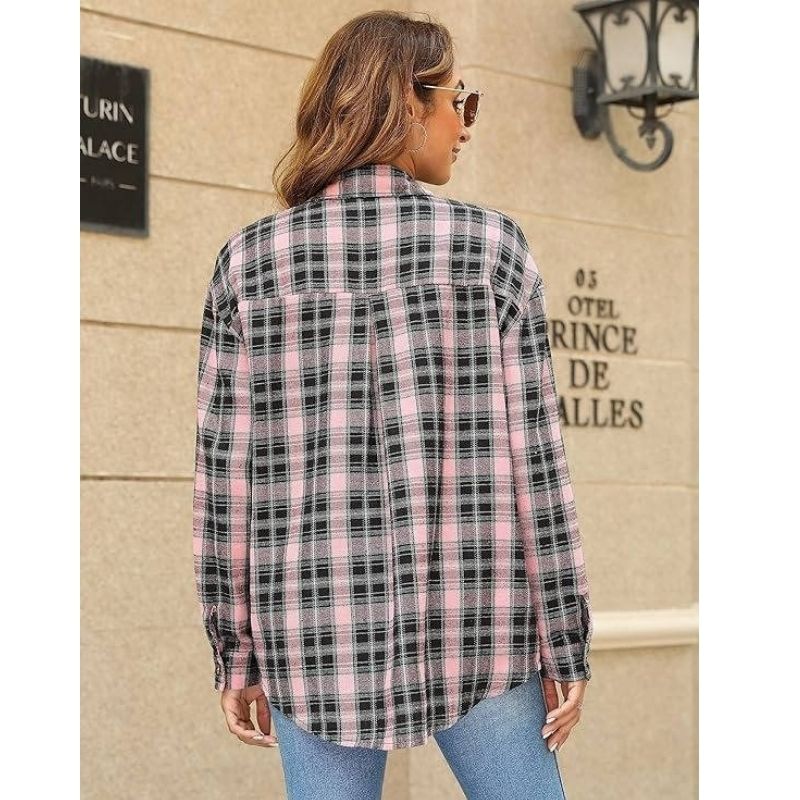 Oversized Flannel Shirt for Women, Long Sleeve Plaid Button Down Buffalo Shirt Blouse Top with One Pocket