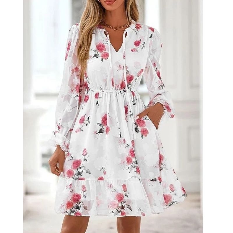 Womens Floral V-Neck Mini Dress - Long Sleeve Boho Flowy Dress