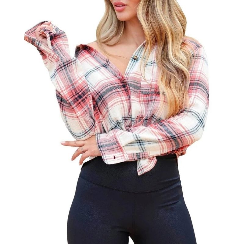 Oversized Flannel Shirt for Women, Long Sleeve Plaid Button Down Buffalo Shirt Blouse Top with One Pocket