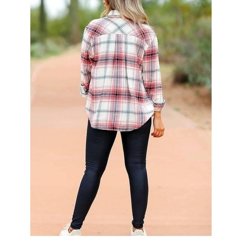 Oversized Flannel Shirt for Women, Long Sleeve Plaid Button Down Buffalo Shirt Blouse Top with One Pocket